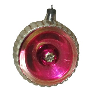 1940s Glass Diorama Ribbed Back Wired Red Ball Christmas Ornament Germany For Sale