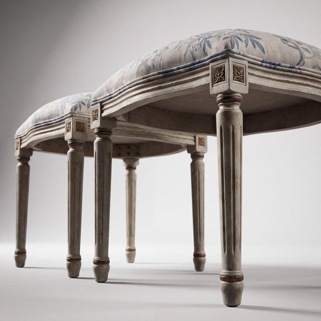 French French Louis XVI Style Painted Ottomans W/ Blue & White Linen Upholstery - Pair For Sale - Image 3 of 6
