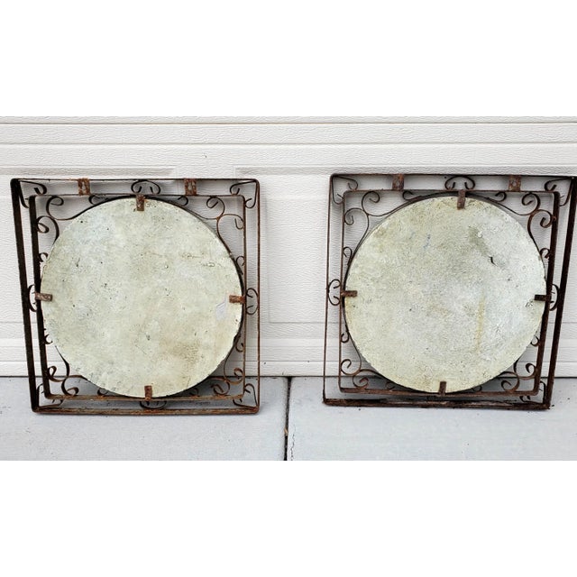 Metal 1980s Vintage Pair of Square Iron Framed Terracotta Relief Floral Medallion Wall Hangings For Sale - Image 7 of 12