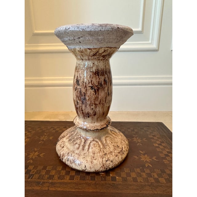 Rustic European Vintage 7” French Glazed Terracotta Pillar Candleholder For Sale - Image 3 of 14
