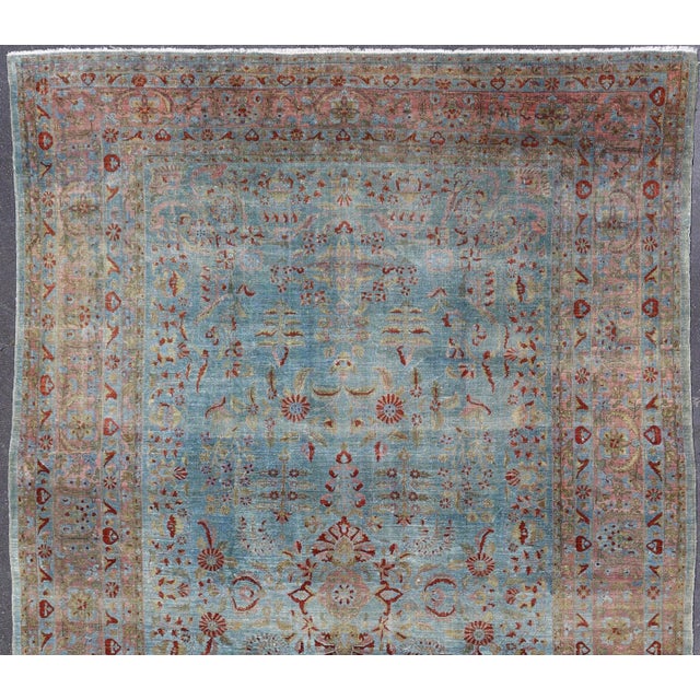 Blue Background Antique Persian Mohajerah Rug With Salmon, Blue, Green, and Red For Sale - Image 10 of 15