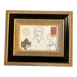 Contemporary Original Judy Henn “First Day With the Birkin” Ink Drawing/Collage Framed For Sale