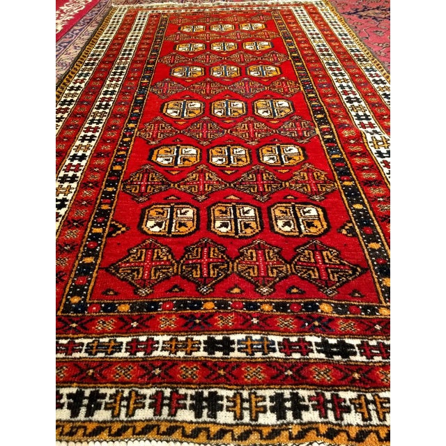 Textile Vintage Turkmen Area Rug with Geometric Medallions Design in Red For Sale - Image 7 of 9