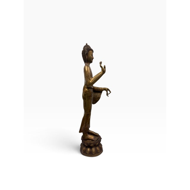 Mid 20th Century Vintage 4-Foot Hand-Cast Brass Standing Buddha Statue on Lotus Pedestal - 70 LBS For Sale - Image 5 of 9