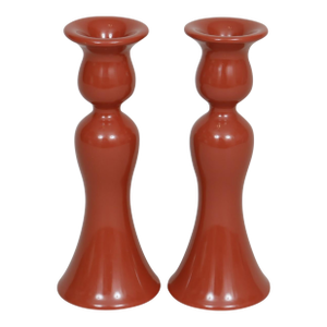Fitz and Floyd Cinnabar Red Ceramic Candle Holders, a Pair