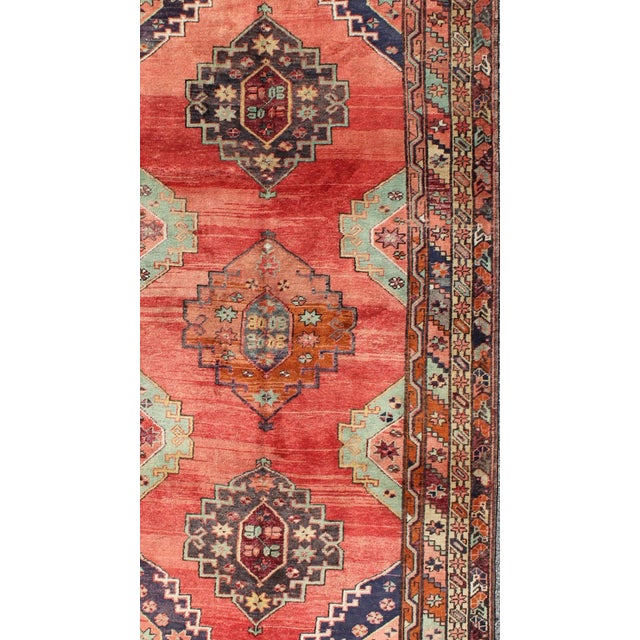 Vintage Turkish Oushak Rug in Bold Coral Red With Navy, Teal, and Burnt Orange 4'10 X 9'8 For Sale - Image 4 of 8