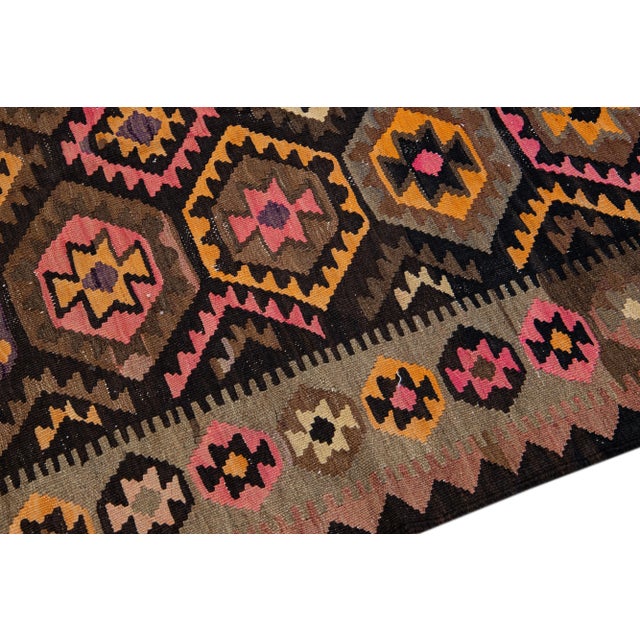 Vintage Kilim Brown Handmade Flatweave Geometric Motif Wool Runner For Sale - Image 9 of 11