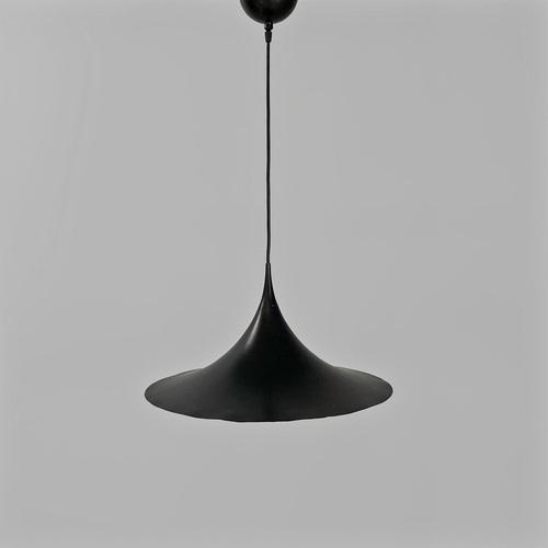 Semi model pendant light, large in size, with a round base lampshade in white enamelled aluminum on the inside and matt...