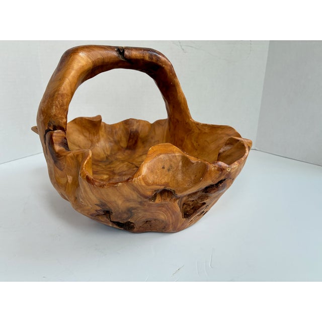 Wood Vintage Hand-Carved Burl Wood Bowl – Large Organic Basket-Style Decorative Centerpiece For Sale - Image 7 of 11