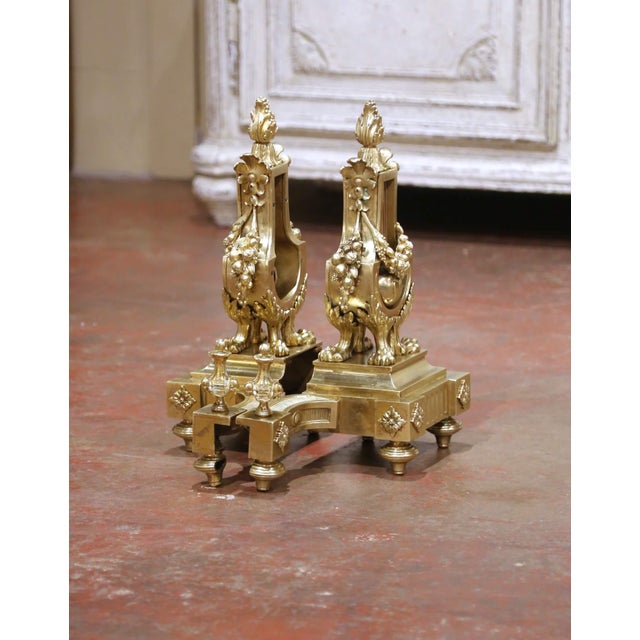 Bronze Pair of 19th Century French Louis XVI Bronze Lyre Form Chenets Andirons For Sale - Image 8 of 10