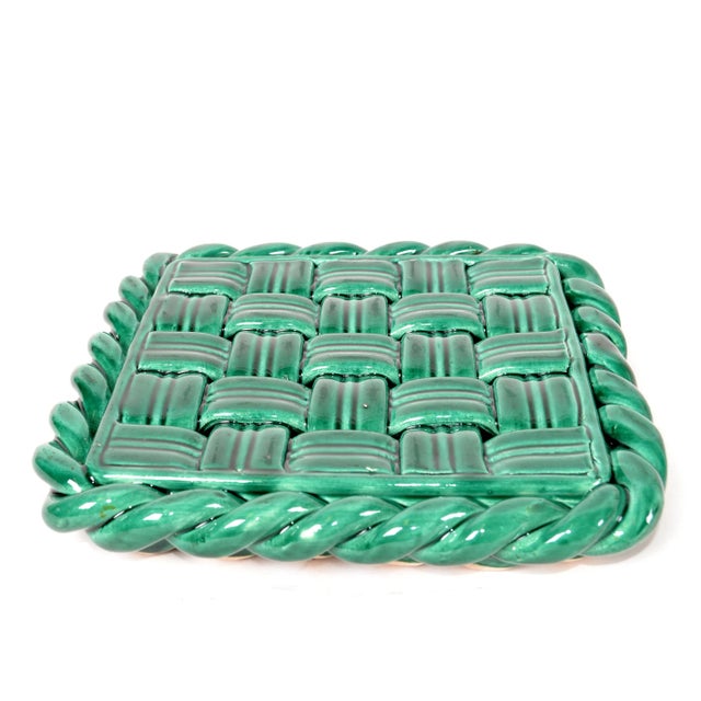 Vallauris Vallauris France Glazed Ceramic Woven Green Trivet Mid-Century Modern Pottery For Sale - Image 4 of 13