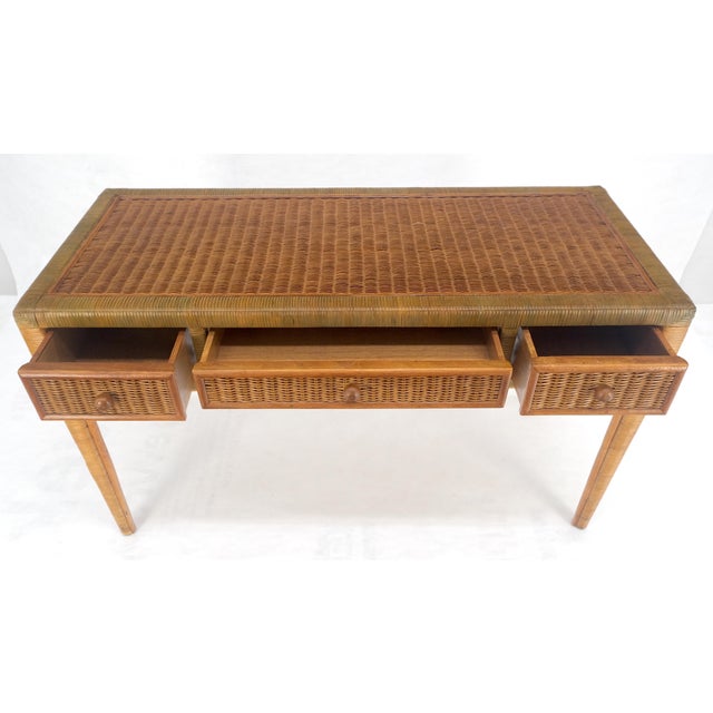 Wood Vintage Mid Century c1970s Wicker Low Profile 3 Drawer Desk Console Mint For Sale - Image 7 of 13