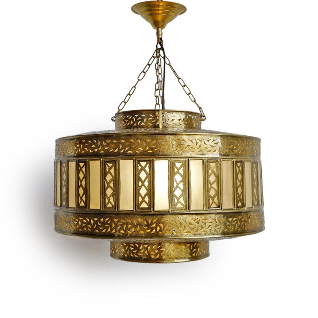 Vintage Brass & Frosted Glass Striped Pendant Light Small For Sale In Los Angeles - Image 6 of 6