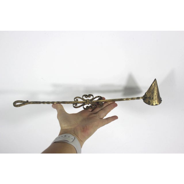 Vintage Gilt Gold Florentine Style Large Candle Snuffer With Twisted Wrought Iron Handle For Sale - Image 4 of 7