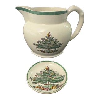 Vintage Spode Christmas Tree Pitcher and Coaster/Dish Set - Decorative Use For Sale