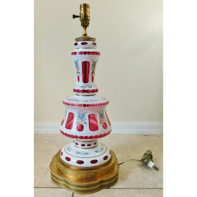 Large Vintage C1940s Bohemian Ruby Red Cased Art Glass & Brass Floral Table Lamp For Sale - Image 9 of 12