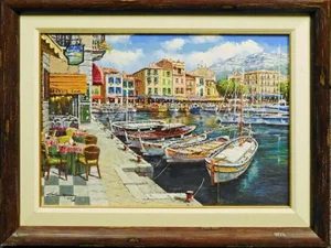 s.sam Park "Cafe in Cassis" Giclee on Canvas Framed Hand Signed Art
