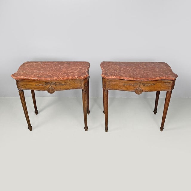 Wood Italian Antique Wooden Consoles with Red Marble Tops and Decorations, 1600s, Set of 2 For Sale - Image 7 of 18