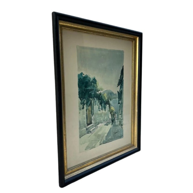 French Vintage Framed Watercolor Street Scene With Parasol, Signed For Sale - Image 3 of 9