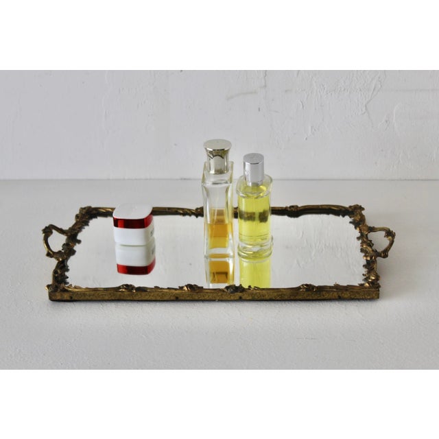 Vintage Mid-Century Rectangle German Style Floral Design Brass Frame Mirror Vanity Tray For Sale - Image 14 of 15