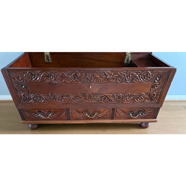 Wood Hand-Carved Kenyan Solid Mahogany Hope Chest / Blanket Chest With Hidden Compartment For Sale - Image 7 of 11