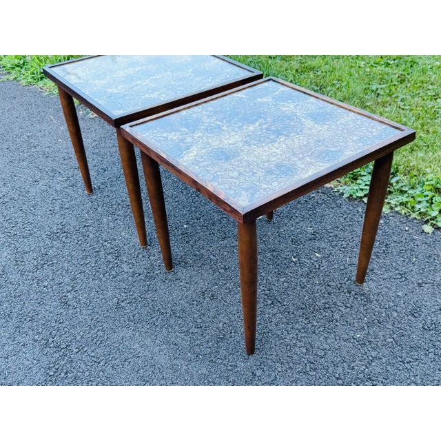 Vintage 1960s Wood Square Stacking Side Tables With Glass Tops, a Pair For Sale In Boston - Image 6 of 9