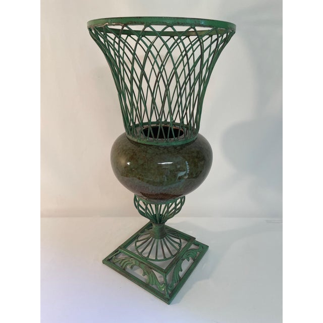 Vintage 1980s Wrought Iron and Ceramic Decorative Urn Planter Cachepot For Sale - Image 4 of 17