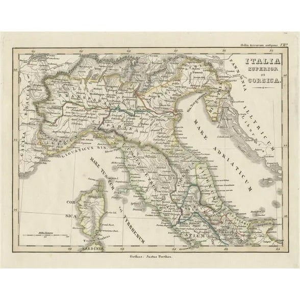 Antique Map of Italy and Corse, 1848 For Sale