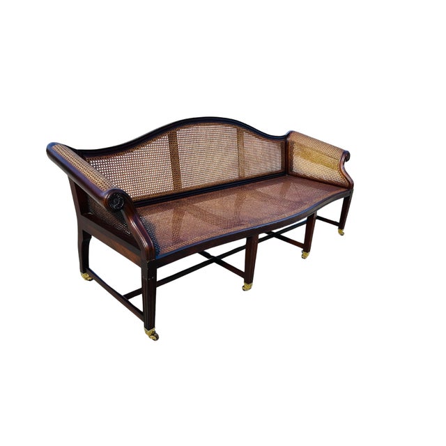 Baker Furniture Company Authenticated Antique Federal Mahogany Caned Settee Sofa, Circa 1800–1815 – Serpentine Back, Reeded Scroll Arms & Original Brass Casters For Sale - Image 4 of 18