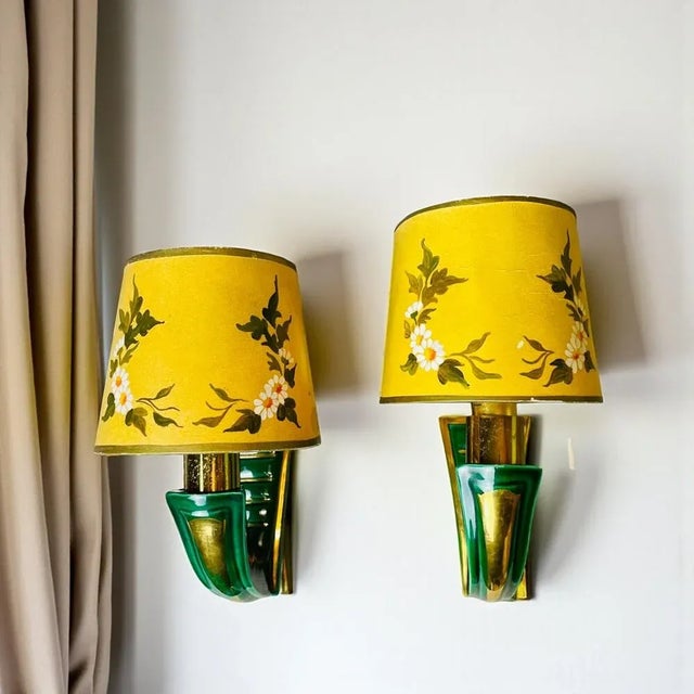 French Art Deco Green Ceramic Wall Sconces with Hand-Painted Half Shades, 1940s, Set of 2 For Sale - Image 4 of 16