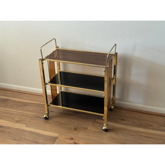 Hollywood Regency Vintage Gold-Tone Metal and Plastic Three-Tier Bar Cart For Sale - Image 3 of 12