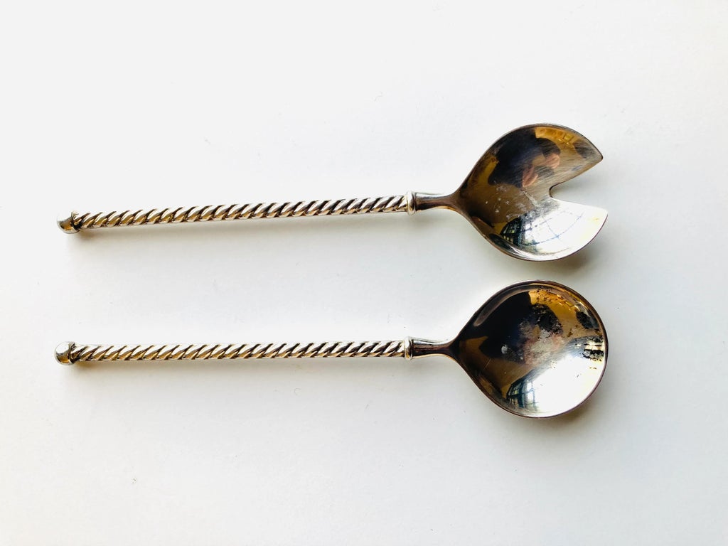 Vintage Italian e.p Zinc Twist Handle Serving Spoon & Fork | Chairish