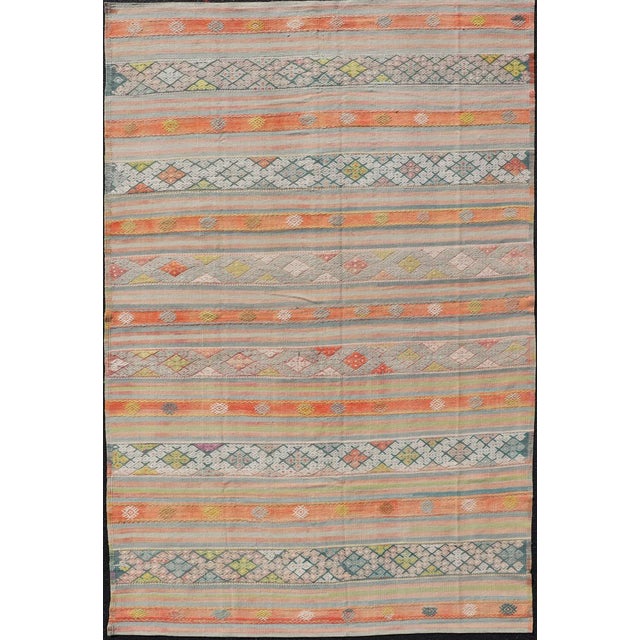 Colorful Vintage Turkish Embroidered Kilim With Stripe's and Geometric Motifs For Sale - Image 10 of 10