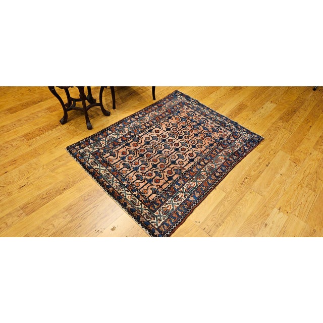 Antique Persian Malayer Area Rug, Hand-Knotted Wool, Geometric Pattern, 4x5, Red & Navy For Sale In Chicago - Image 6 of 16