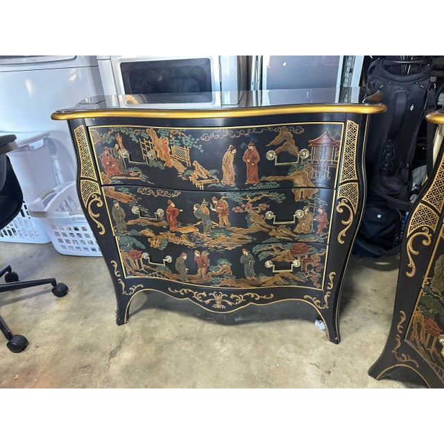 Wood Pair of Vintage Drexel Heritage Chinoiserie Bombe Dressers For Sale - Image 7 of 8
