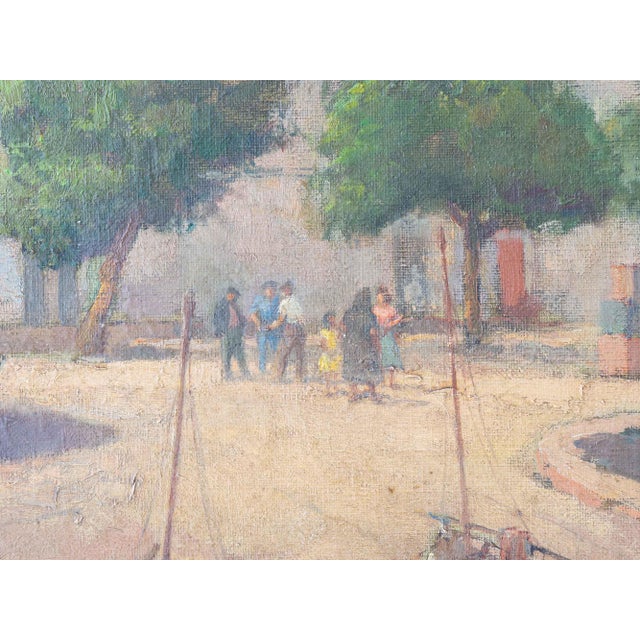 Early 20th Century Spanish School, Mediterranean Fishing Village Harbor Coastal Landscape with Boats and Fishermen, 1910s, Oil on Canvas For Sale - Image 5 of 15