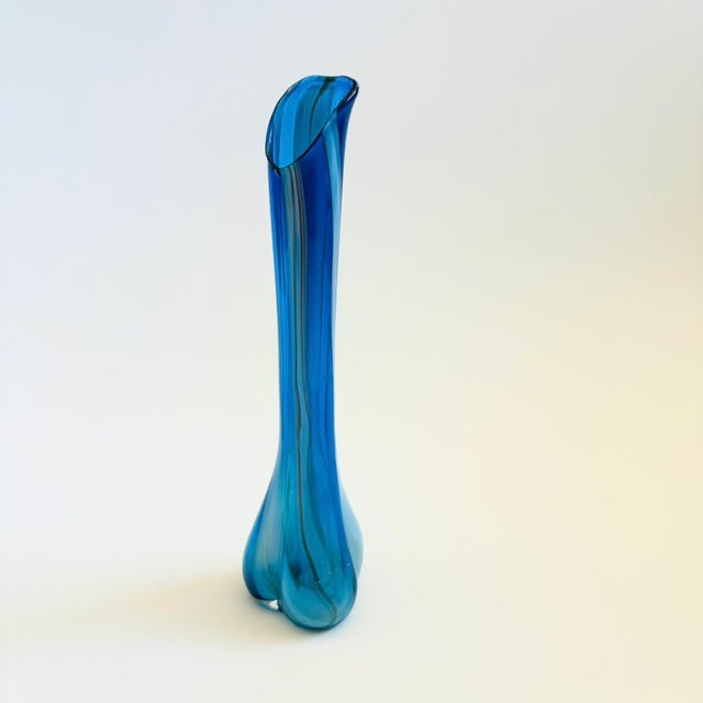 Mid-Century Modern MCM Striped Blue Swung Glass Vase For Sale - Image 3 of 10