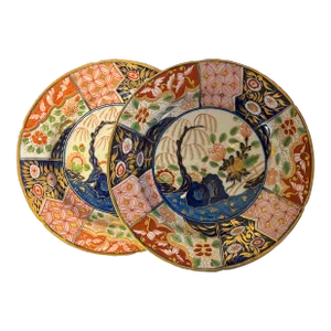 Antique Early 19th Century Coalport Imari Porcelain Dinner Plates in the Rock and Tree Pattern Circa 1805 - a Pair