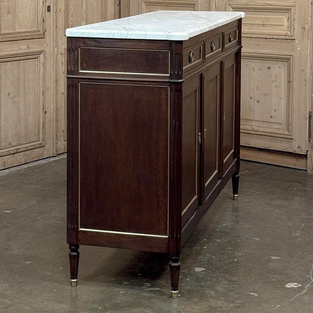 French Louis XVI Carrara Marble Top Mahogany Buffet in the Maison Jansen Style, Mid-Century For Sale - Image 14 of 18