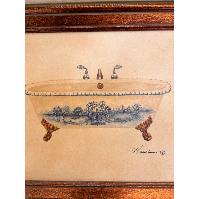 Pair of Vintage Consuelo Gamboa Bath Display Framed Canvas Prints in Ornate Antiqued Gold Frames| French Country Bathroom Wall Art For Sale - Image 9 of 12