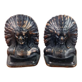 Vintage Cast Iron & Copper Native American Indian Chief Southwestern Style Pair of Bookends For Sale