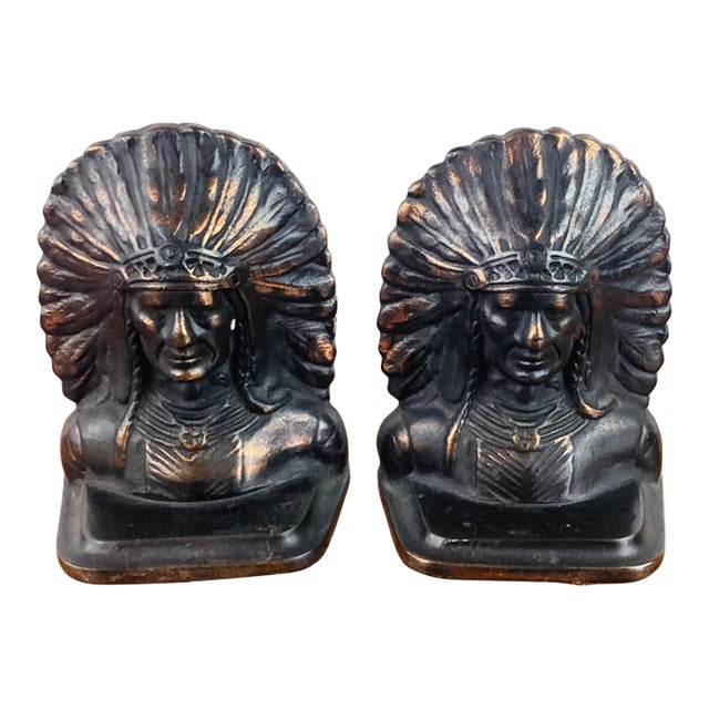 Vintage Cast Iron & Copper Native American Indian Chief Southwestern Style Pair of Bookends For Sale