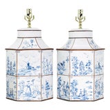A Pair of Vintage Hand-Painted Blue and White Imitation Dutch Tile Landscape Tea Can Table Lamps For Sale
