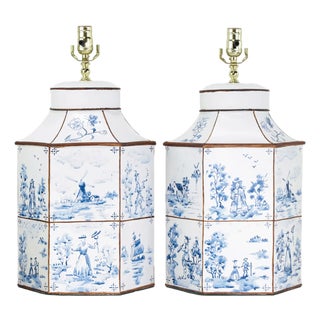 A Pair of Vintage Hand-Painted Blue and White Imitation Dutch Tile Landscape Tea Can Table Lamps For Sale