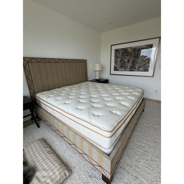Solid quality wood construction (includes solid slats for placement of mattress). Upholstered in rich linen with subtle...