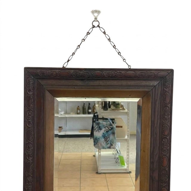 Victorian 1890s Uk Import Carved Oak Wall Mirror With Beveled Glass and Hanging Chain. For Sale In Seattle - Image 6 of 10