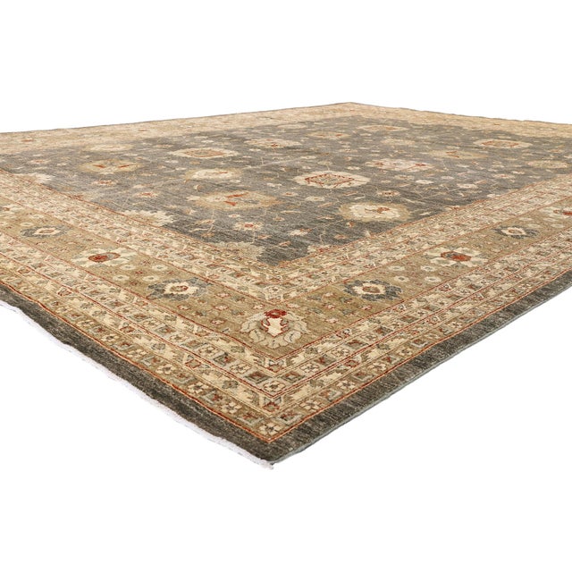 79513 Vintage Pakistani Oushak Rug, 11'10 x 14'11. The Silver Garden: A Vintage Pakistani Oushak Masterpiece of Serene...