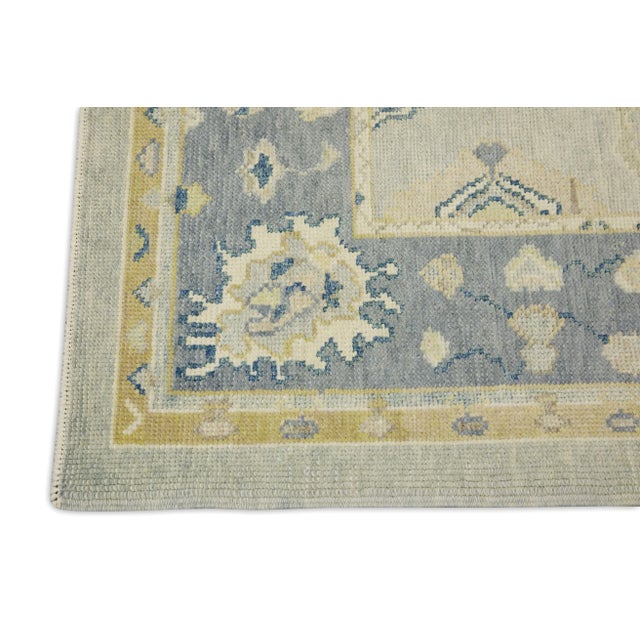 Modern Early 21st Century Blue Floral Design Handwoven Wool Turkish Oushak Rug 4' X 6'1" For Sale - Image 3 of 7
