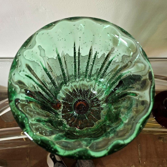 1980s Pair of Green and Golden Brown Murano Glass Vases For Sale In Dallas - Image 6 of 13