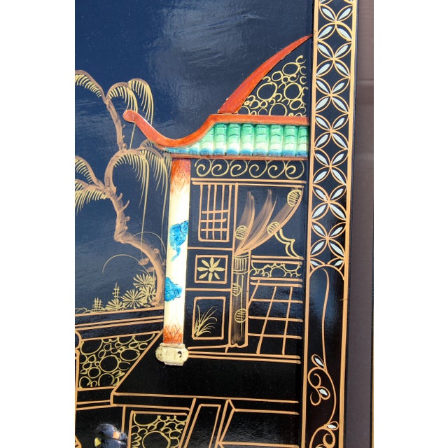 Vintage Chinese Black Lacquer Mother-of-Pearl Inlay Wall Panels - Set of 4 Chinoiserie Scenic Figures & Pagoda Landscape Art For Sale - Image 9 of 18